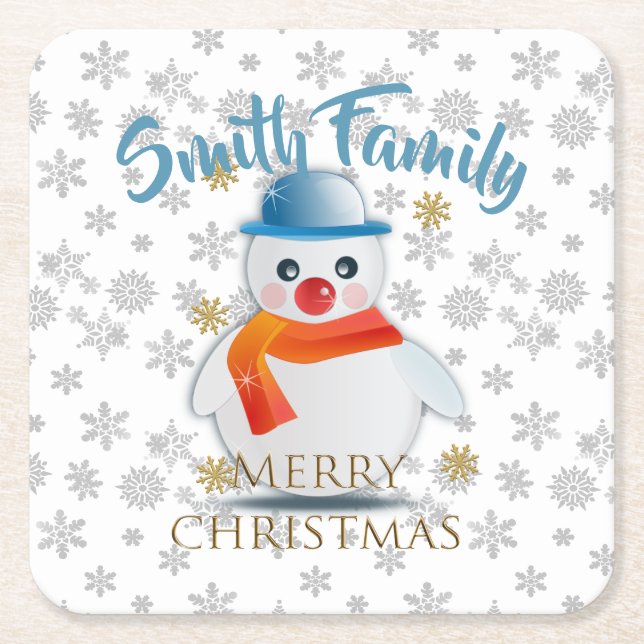 Cute Snowman Square Paper Coaster (Front)