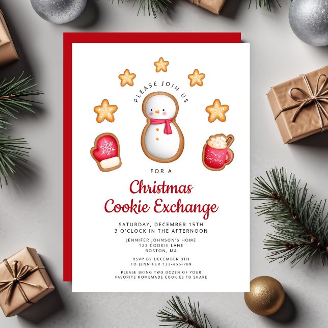 Cute Snowman & Stars Christmas Cookie Exchange Invitation (Cute Snowman Cookie Exchange Christmas Party Invitation)