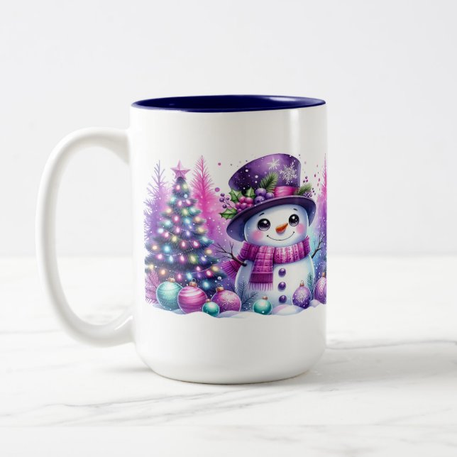 Cute Snowman surrounded by Christmas Trees Two-Tone Coffee Mug (Left)