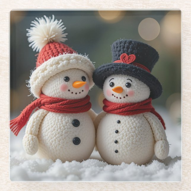 cute snowman together glass coaster (Front)
