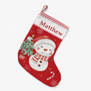 Cute Snowman Tree Candy Cane Red Gingham  Small Christmas Stocking