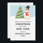 Cute Snowman Tree Cookie Illustration Christmas Holiday Card<br><div class="desc">This cute and modern Christmas greeting card is perfect for the winter season. It features a hand-drawn red, white, and green Christmas tree cookie and black white, and red snowman cookie on top of a white snow bed and falling snow and periwinkle blue sky. It's adorable, artsy, unique, and trendy...</div>