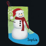 Cute Snowman Wearing A Santa Hat Personalised Small Christmas Stocking<br><div class="desc">This Christmas stocking features a cute snowman wearing a Santa hat. The background is colourful with blue,  and lime green and accented with snowflakes and swirls. Customisable text allows you to personalise with your name.</div>
