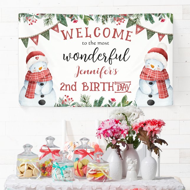 Cute Snowman Winter Christmas 2nd Birthday Party Banner (Creator Uploaded)