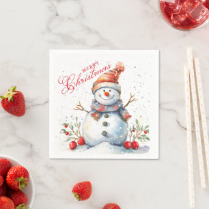 Cute Snowman Winter Watercolor Merry Christmas Napkin