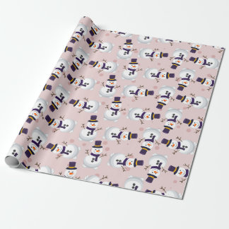 Cute Snowman with a Cylinder on rosa background Wrapping Paper