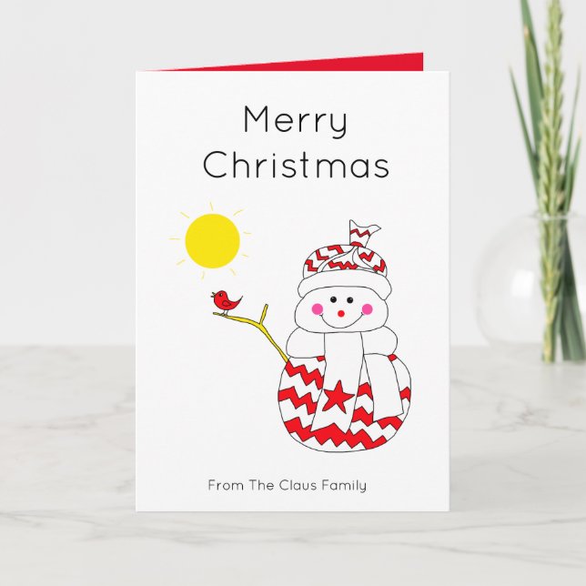 Cute snowman with bird Christmas art Holiday Card (Front)