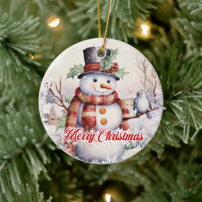 Cute snowman with bird in the snow ceramic tree decoration (Tree)