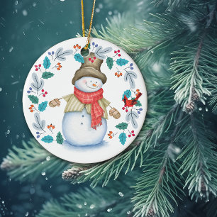 Cute Snowman with Bird Wreath Christmas Ceramic Tree Decoration
