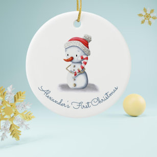 Cute Snowman with Candy Cane First Christmas Ceramic Tree Decoration