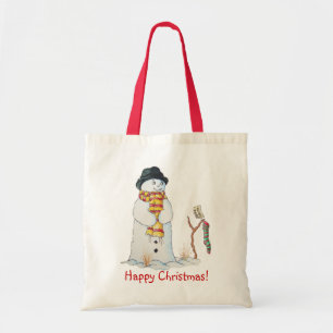 Cute snowman with Christmas stocking in the snow Tote Bag