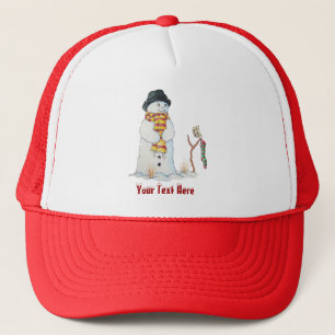 Cute snowman with Christmas stocking in the snow Trucker Hat