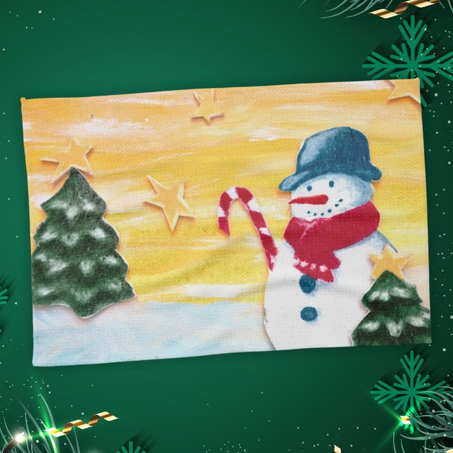 Cute Snowman with Christmas Tree Stars Kids Tea Towel (Creator Uploaded)