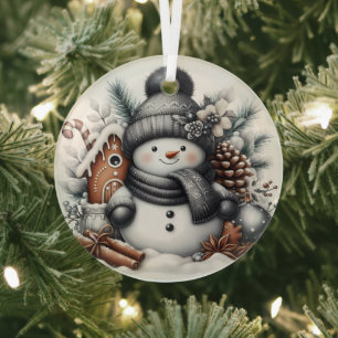 Cute snowman with gingerbread house glass tree decoration