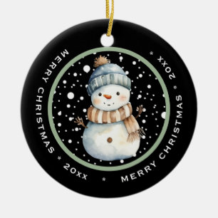 CUTE SNOWMAN WITH HAT, MERRY CHRISTMAS DATED CERAMIC TREE DECORATION