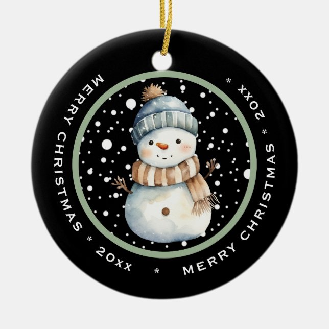 CUTE SNOWMAN WITH HAT, MERRY CHRISTMAS DATED CERAMIC TREE DECORATION (Front)