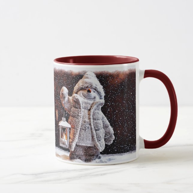 Cute snowman with lantern in the snowfall mug (Right)