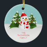 Cute Snowman With Personalizable Name Christmas Ceramic Tree Decoration<br><div class="desc">Destei's fun winter theme cartoon illustration of a cute snowman. The snowman is wearing a red hat and a scarf that has red and white stripes on it. His nose is made of an orange carrot and his arms are made of brown sticks. Behind the snowman are two fir trees...</div>