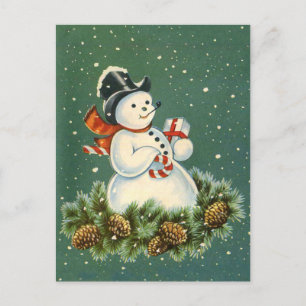 Cute Snowman with Present on Pinecorn Wreath Postcard