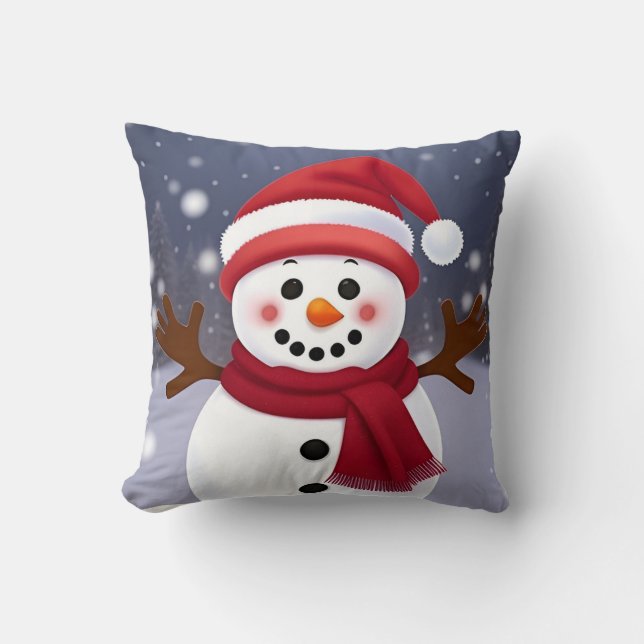 Cute Snowman with Red Scarf Cushion (Front)