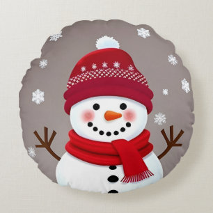Cute Snowman with Red Scarf Round Cushion