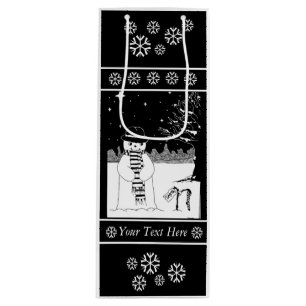 cute snowman with scarf and hat black and white wine gift bag