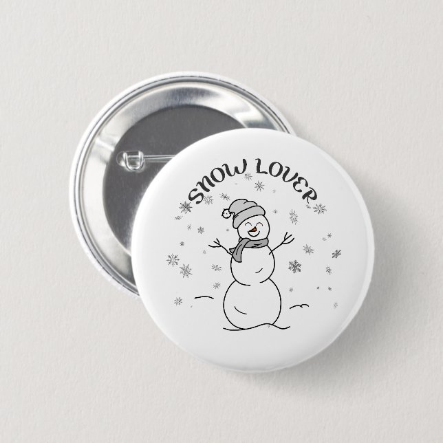 Cute Snowman with SNOW LOVER Text and Snowflakes   6 Cm Round Badge (Front & Back)