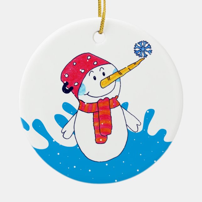 Cute Snowman with Snowflake Kids Ceramic Tree Decoration (Front)