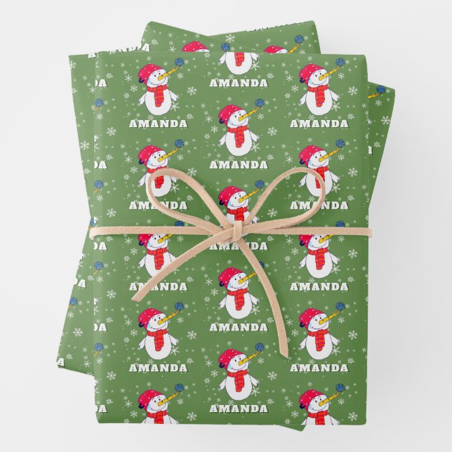 Cute Snowman with Snowflakes Kids Christmas Wrapping Paper Sheet (In situ)