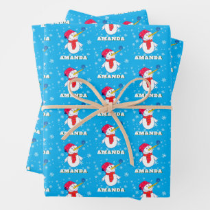 Cute Snowman with Snowflakes Kids Christmas Wrapping Paper Sheet