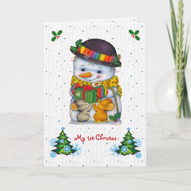 Cute snowman with two little mice Card (Front)