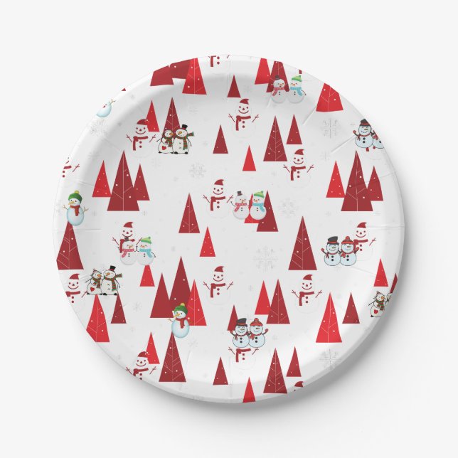 Cute Snowmen and Christmas Trees Paper Plate (Front)