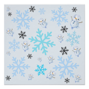 Cute snowmen and snowflakes in light blue poster