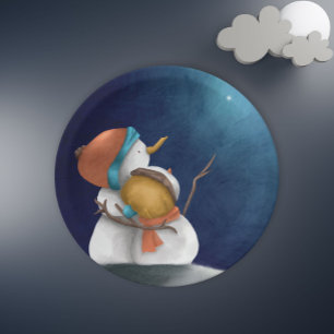 Cute snowmen at night seeing the stars Christmas Paper Plate