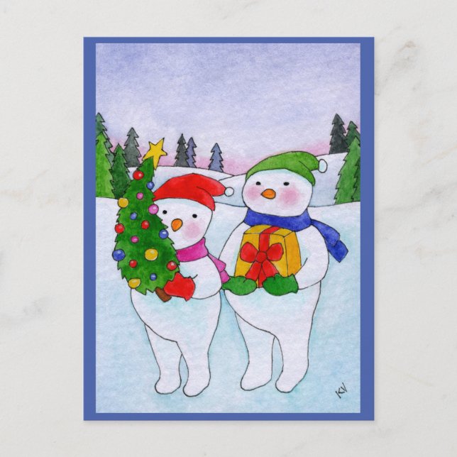 Cute snowmen Christmas landscape postcard (Front)