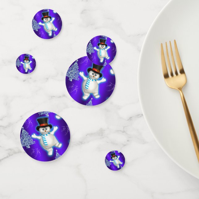 Cute Snowmen Dancing on Blue Christmas Confetti (Group)