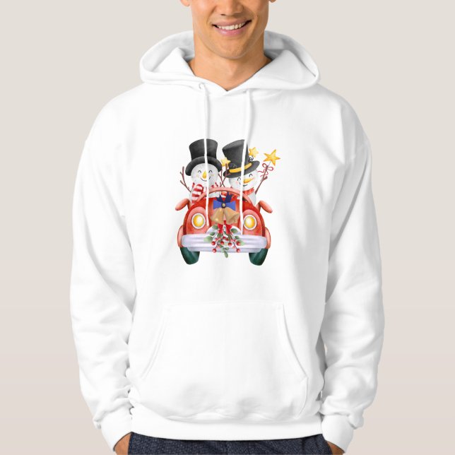 ☃️ Cute Snowmen Driving Red Christmas Car Hoodie (Front)