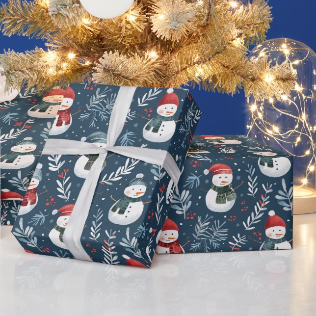 Cute Snowmen Greenery Blue Christmas Wrapping Paper (Holidays)