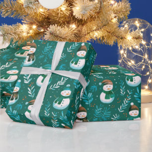 Cute Snowmen Greenery Green Christmas Wrapping Paper