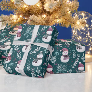 Cute Snowmen Greenery Green Christmas Wrapping Paper