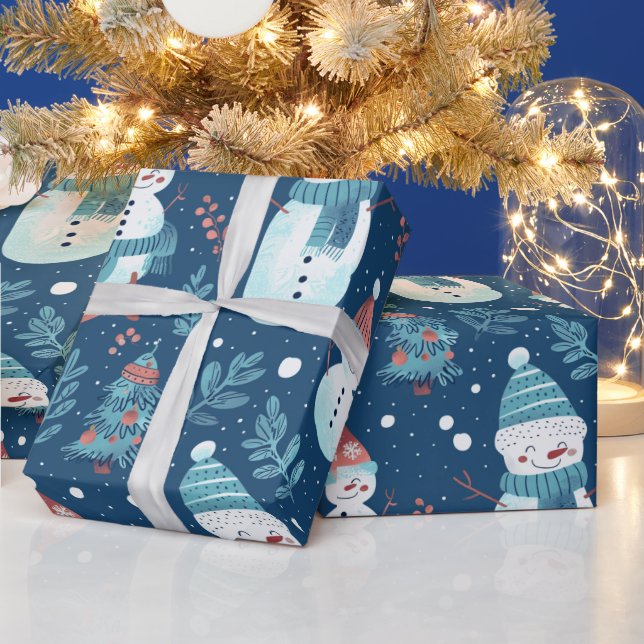 Cute Snowmen Greenery Snow Blue Christmas Wrapping Paper (Holidays)