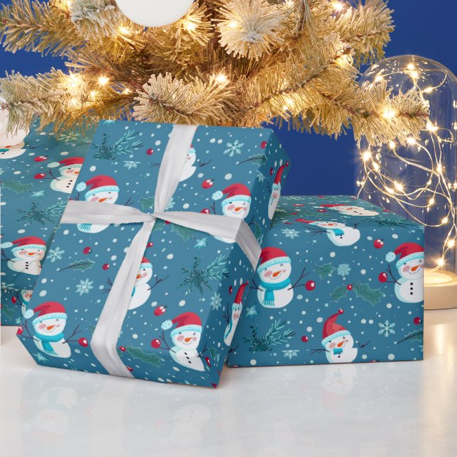 Cute Snowmen Greenery Snow Blue Christmas Wrapping Paper (Holidays)