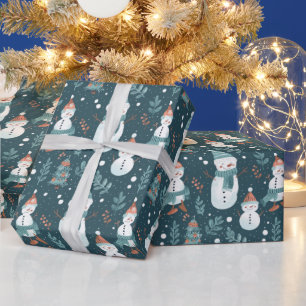 Cute Snowmen Greenery Snow Green Christmas Wrapping Paper