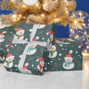 Cute Snowmen Greenery Snow Green Christmas Wrapping Paper