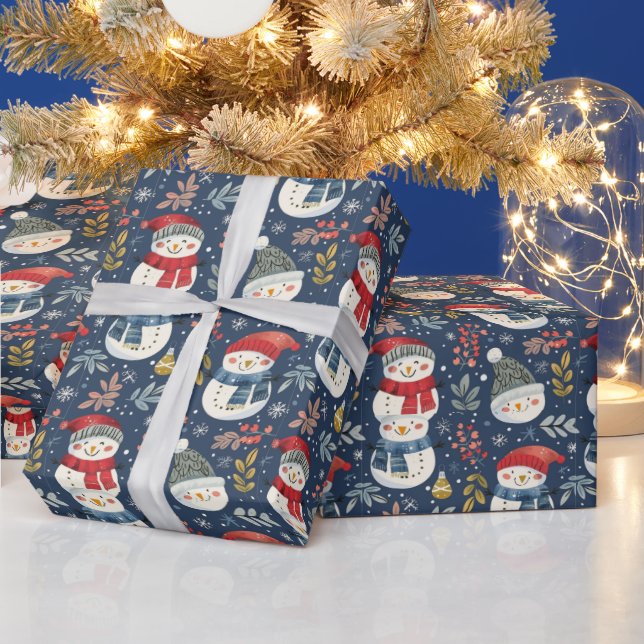 Cute Snowmen Greenery Snowflakes Blue Christmas Wrapping Paper (Holidays)