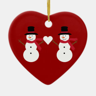 Cute Snowmen & Heart Red Heart Shaped Ornament