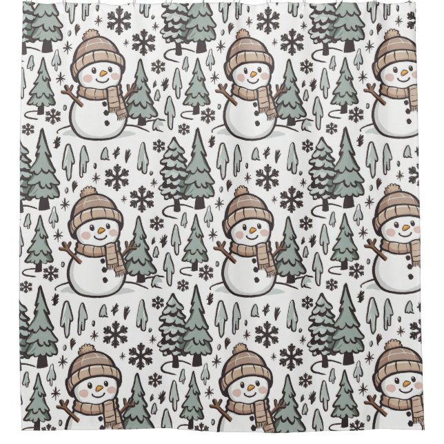 Cute Snowmen in the Forest Winter Scene Shower Curtain (Front)