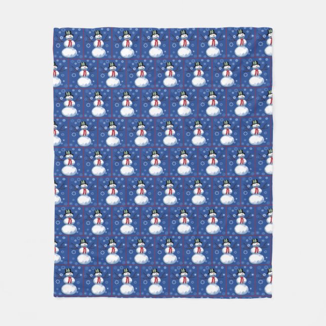 Cute Snowmen on blue with snow flakes Fleece Blanket (Front)