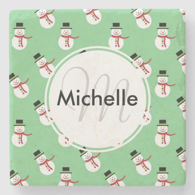 Cute Snowmen on Green Background Stone Coaster (Front)