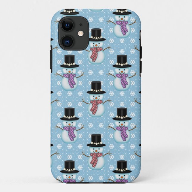 Cute Snowmen on Pale Blue Pattern Case-Mate iPhone Case (Back)